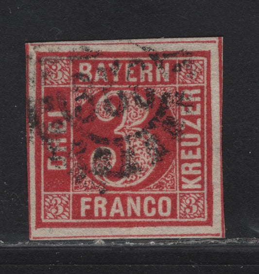 Lot 273 Bavaria SC#10a 3kr Carmine Numeral, 1862 Numeral Issue, An Extremely Fine Used Imperf Single, #356 Open Millwheel Cancel For Nuremburg, Dividing Lines On All 4 Sides