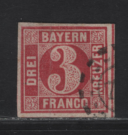 Lot 274 Bavaria SC#10a 3kr Carmine Numeral, 1862 Numeral Issue, A Very Fine Used Imperf Single, Dividing Lines Visible At Right & Four Full Margins