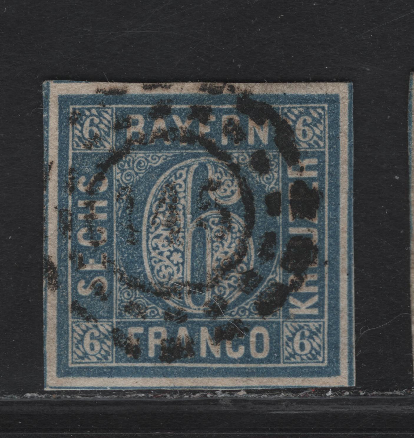 Lot 275 Bavaria SC#11 6kr Blue Numeral, 1862 Numeral Issue, A Very Fine Used Imperf Single, Dividing Lines Visible On 3 Sides, #145 Open Millwheel Cancel For Furth