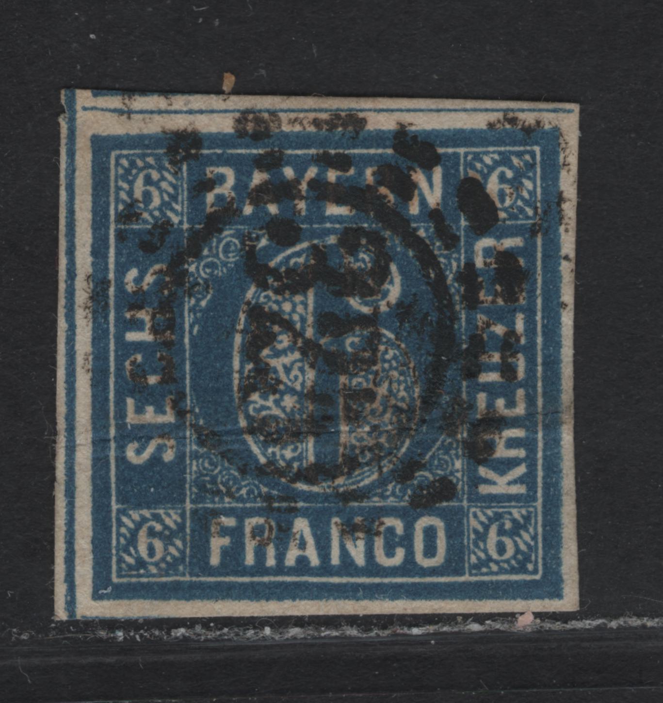 Lot 277 Bavaria SC#11 6kr Blue Numeral, 1862 Numeral Issue, A Fine Used Imperf Single, #325 Closed Millwheel Cancel, Dividing Lines On 2 Sides, Light Horizontal Crease.