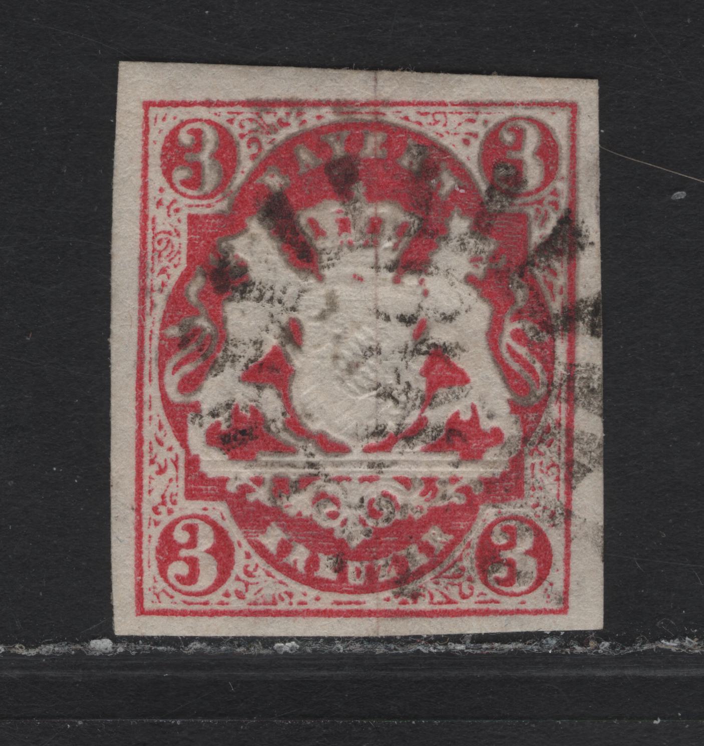 Lot 279 Bavaria SC#16 3kr Carmine Arms, 1867-1868 Arms Issue, A Very Fine Used Imperf Single
