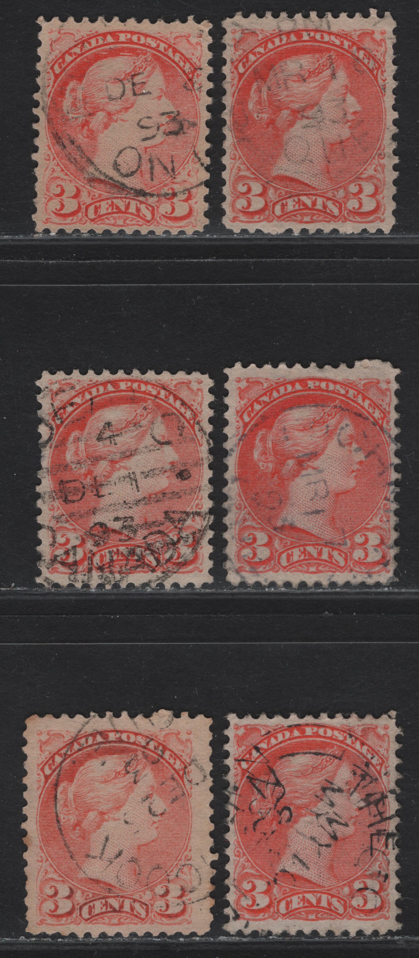Lot 28 Canada #41 3c Bright Orange Vermillion - Pale Dull Vermillion Queen Victoria, 1888-1897 Small Queen Issue, 6 Very Fine Used SIngles, Early Second Ottawa Printings, Papers 2O-KK(2), 2O-E(3) & 2O-GG