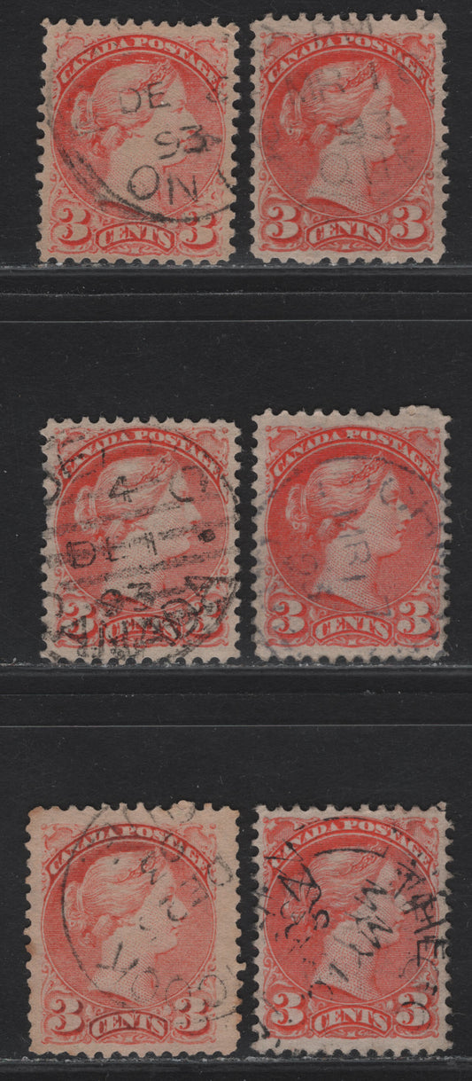 Lot 28 Canada #41 3c Bright Orange Vermillion - Pale Dull Vermillion Queen Victoria, 1888-1897 Small Queen Issue, 6 Very Fine Used SIngles, Early Second Ottawa Printings, Papers 2O-KK(2), 2O-E(3) & 2O-GG