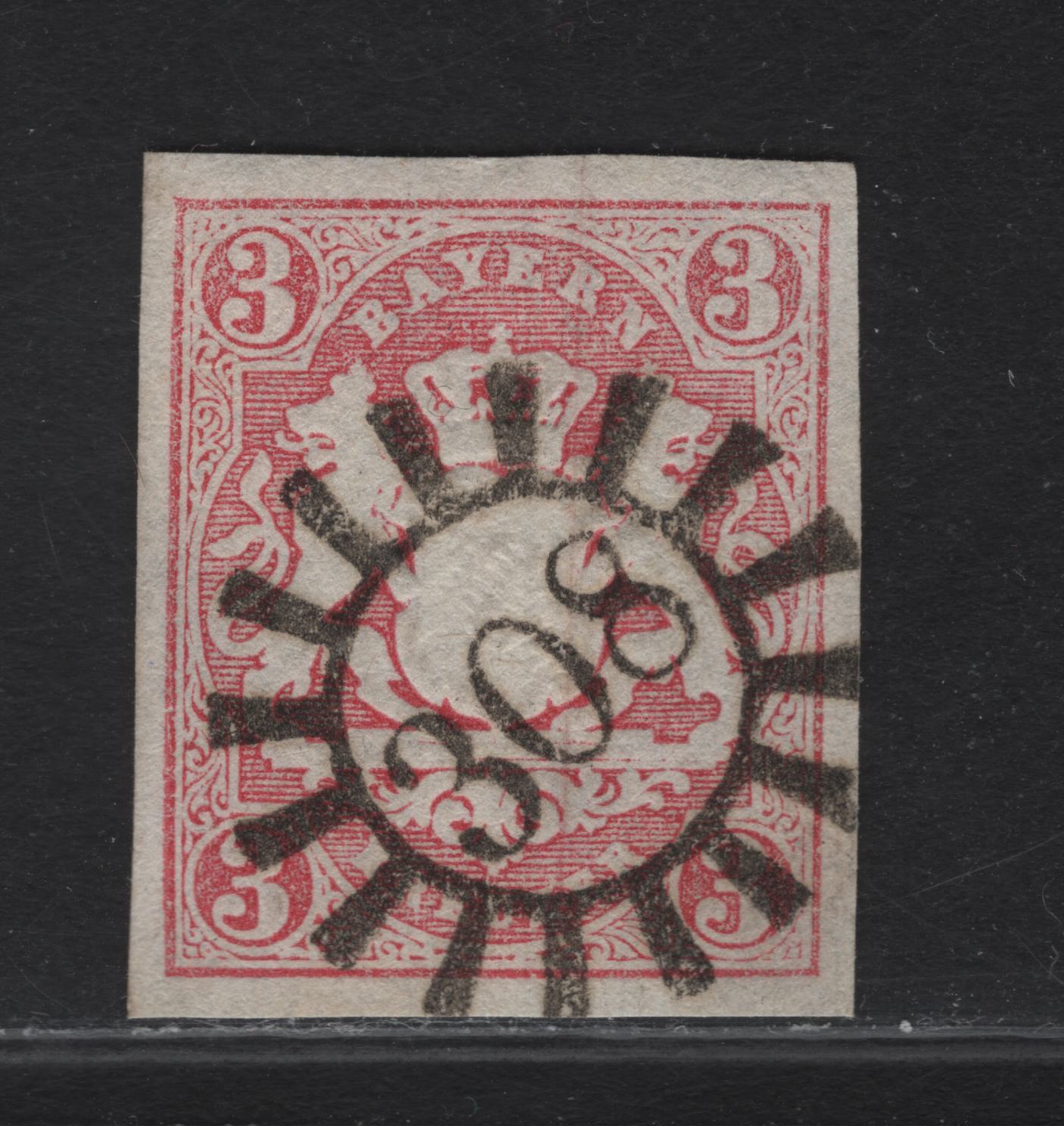 Lot 282 Bavaria SC#16 3kr Rose Arms, 1867-1868 Arms Issue, A Very Fine Used Imperf Single, #308 Closed Millwheel Cancel For Schonficht