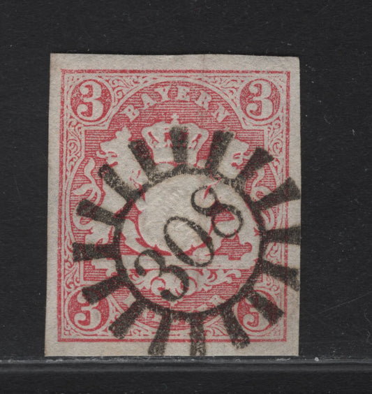 Lot 282 Bavaria SC#16 3kr Rose Arms, 1867-1868 Arms Issue, A Very Fine Used Imperf Single, #308 Closed Millwheel Cancel For Schonficht