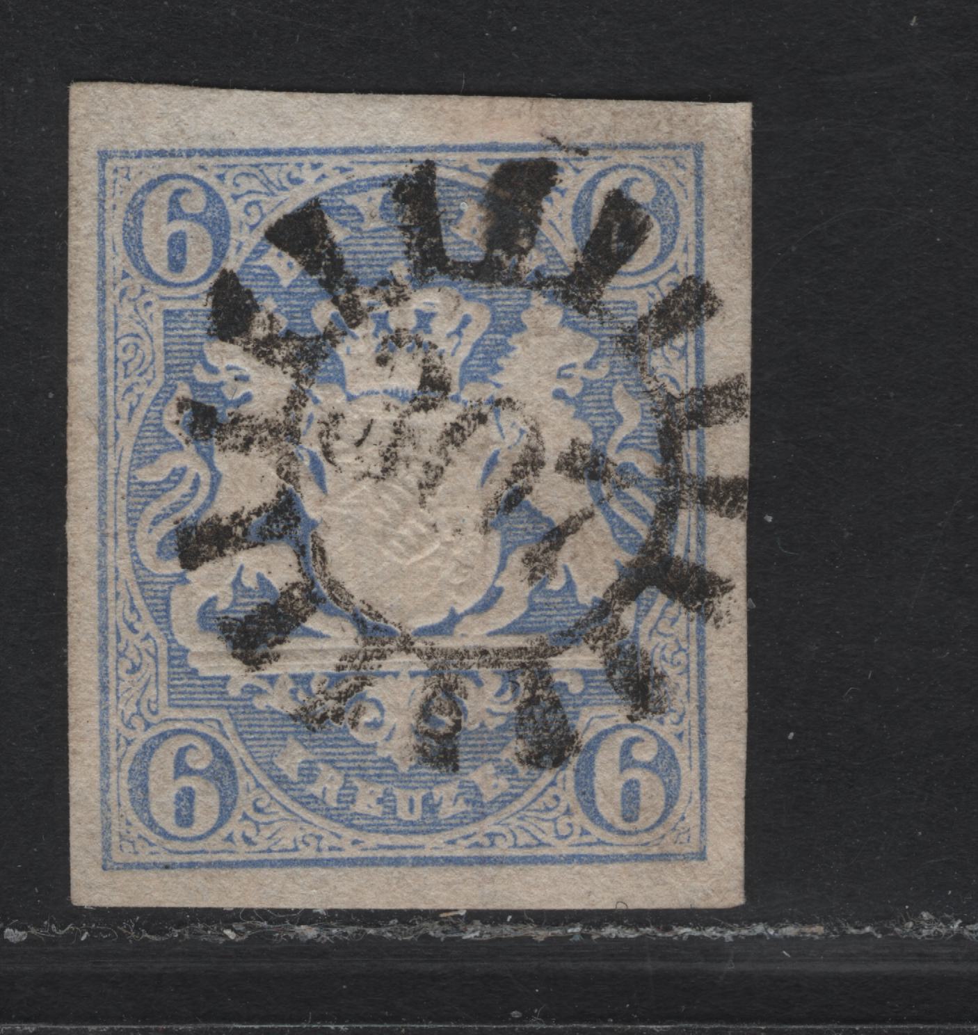 Lot 283 Bavaria SC#17 6kr Ultramarine Arms, 1867-1868 Arms Issue, An Extremely Fine Used Imperf Single, #307 Closed Millwheel Cancel For Schonenburg