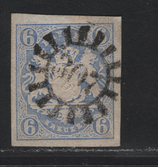 Lot 283 Bavaria SC#17 6kr Ultramarine Arms, 1867-1868 Arms Issue, An Extremely Fine Used Imperf Single, #307 Closed Millwheel Cancel For Schonenburg