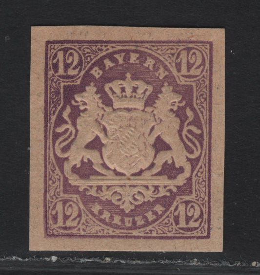 Lot 284 Bavaria SC#21cs 12kr Lilac Arms, 1867-1868 Arms Issue, A Very Fine Unused Imperf Single, Cut Square From Postal Stationary