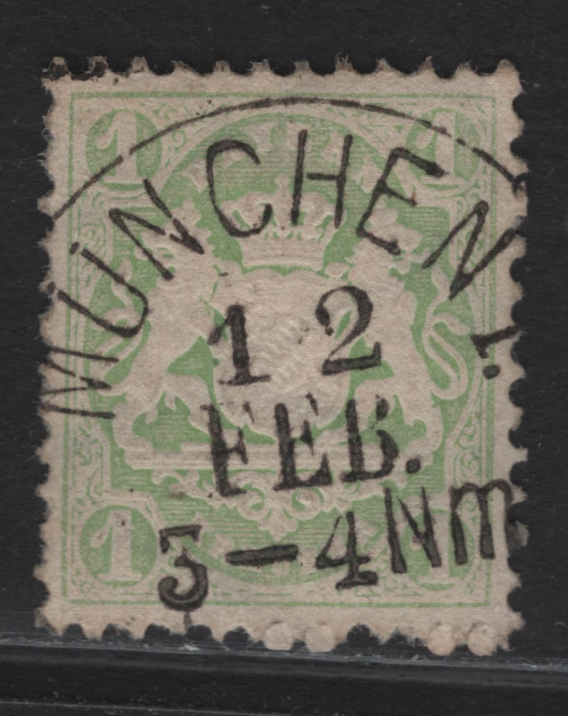 Lot 287 Bavaria SC#23 1kr Yellow Green Arms, 1870-1872 Arms Issue, A Very Fine Used Single, Wmk 92 - 17mm Wide Lozenges, SON Munich Cancel