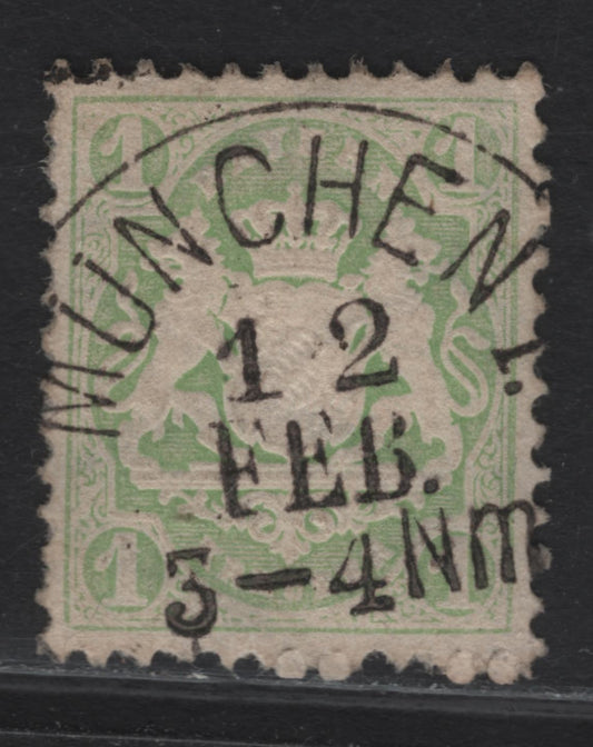 Lot 287 Bavaria SC#23 1kr Yellow Green Arms, 1870-1872 Arms Issue, A Very Fine Used Single, Wmk 92 - 17mm Wide Lozenges, SON Munich Cancel