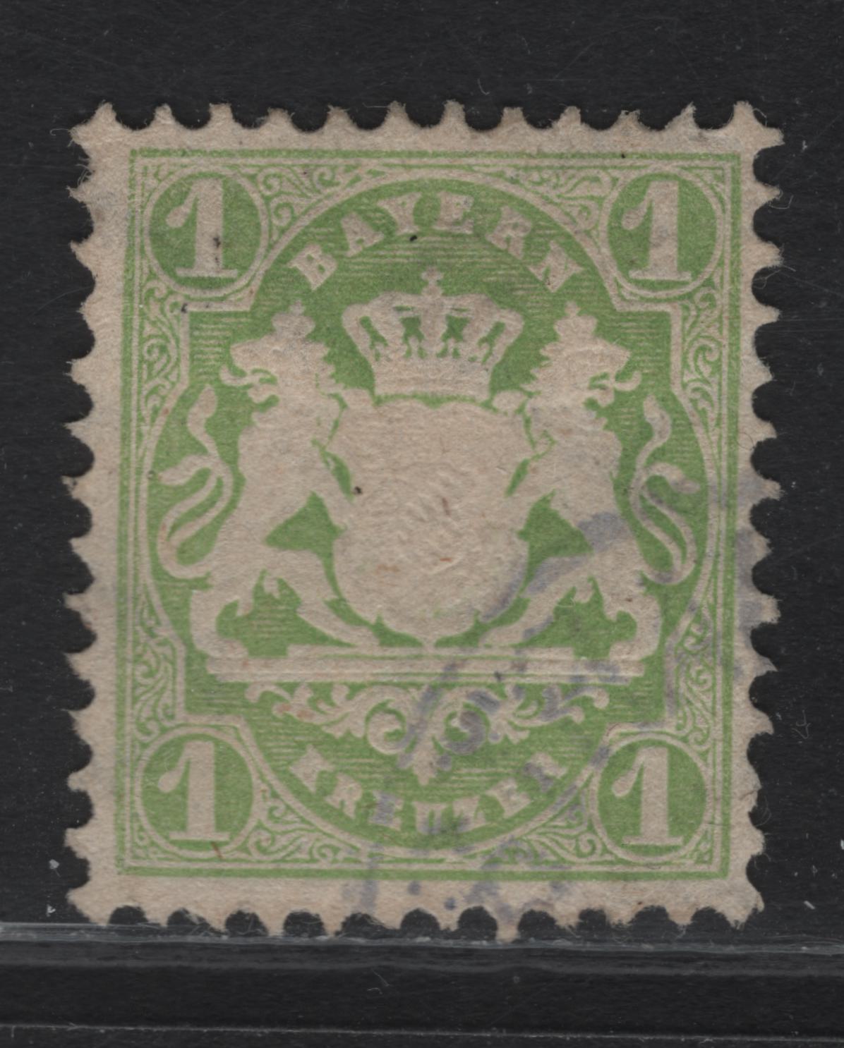 Lot 288 Bavaria SC#23e 1kr Deep Yellow Green Arms, 1870-1872 Arms Issue, A Very Fine Used Single, Wmk 93 - 14mm Wide Lozenges