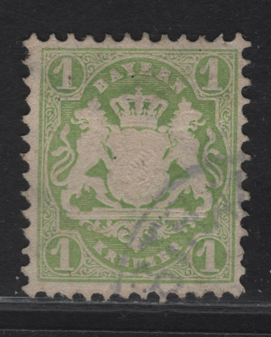 Lot 288 Bavaria SC#23e 1kr Deep Yellow Green Arms, 1870-1872 Arms Issue, A Very Fine Used Single, Wmk 93 - 14mm Wide Lozenges