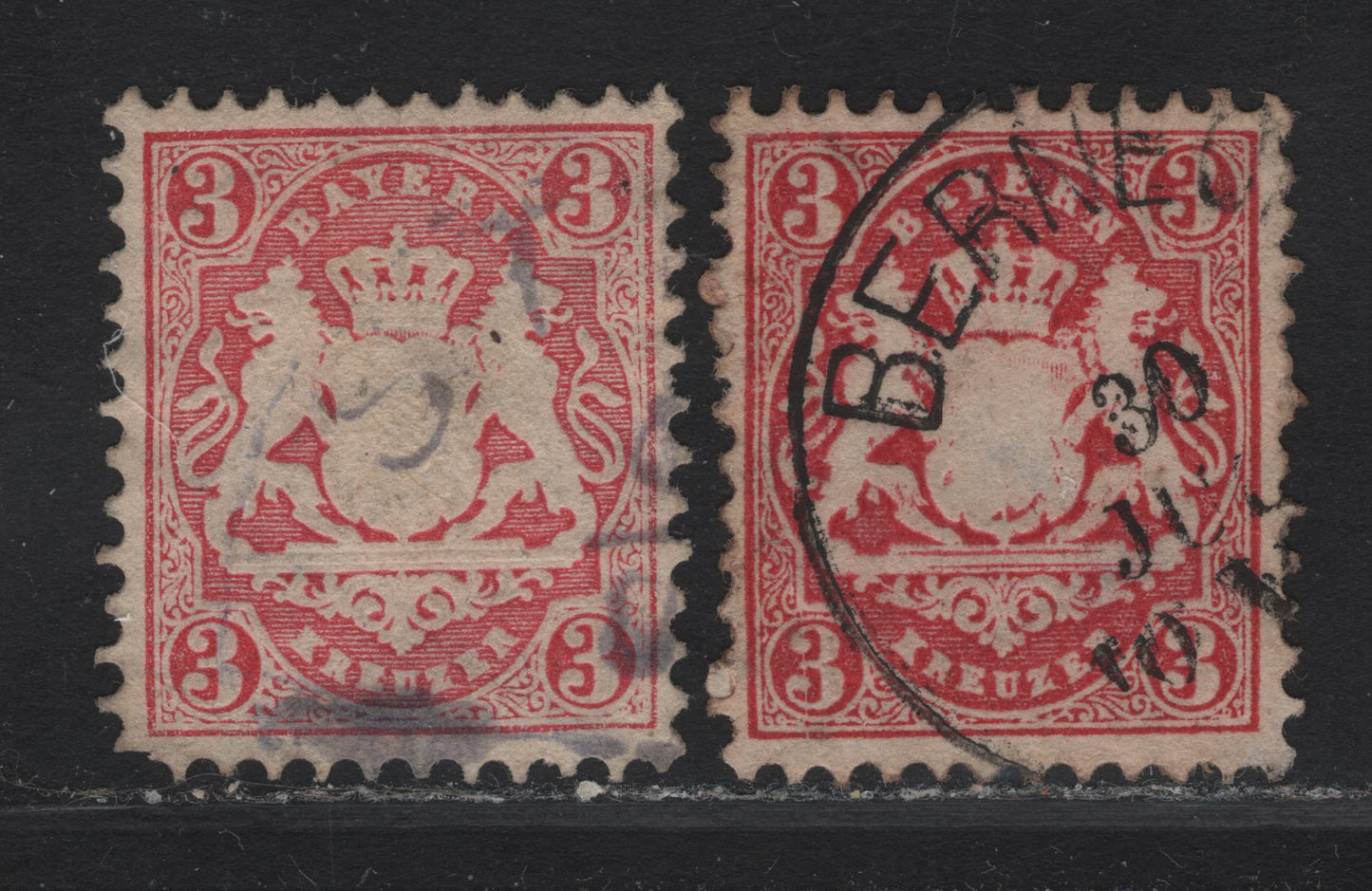 Lot 289 Bavaria SC#24 3kr Rose & Deep Rose Arms, 1870-1872 Arms Issue, 2 Very Fine Used Singles