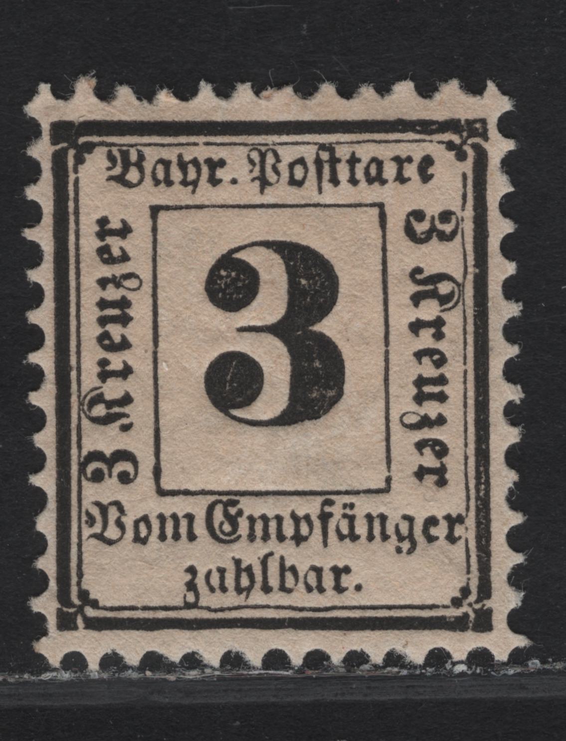 Lot 291 Bavaria SC#J3 3kr Black Numeral, 1870 Postage Due, A VFOG Single, Wmk 93