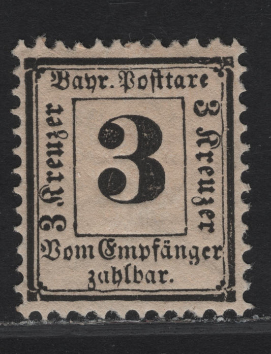 Lot 291 Bavaria SC#J3 3kr Black Numeral, 1870 Postage Due, A VFOG Single, Wmk 93