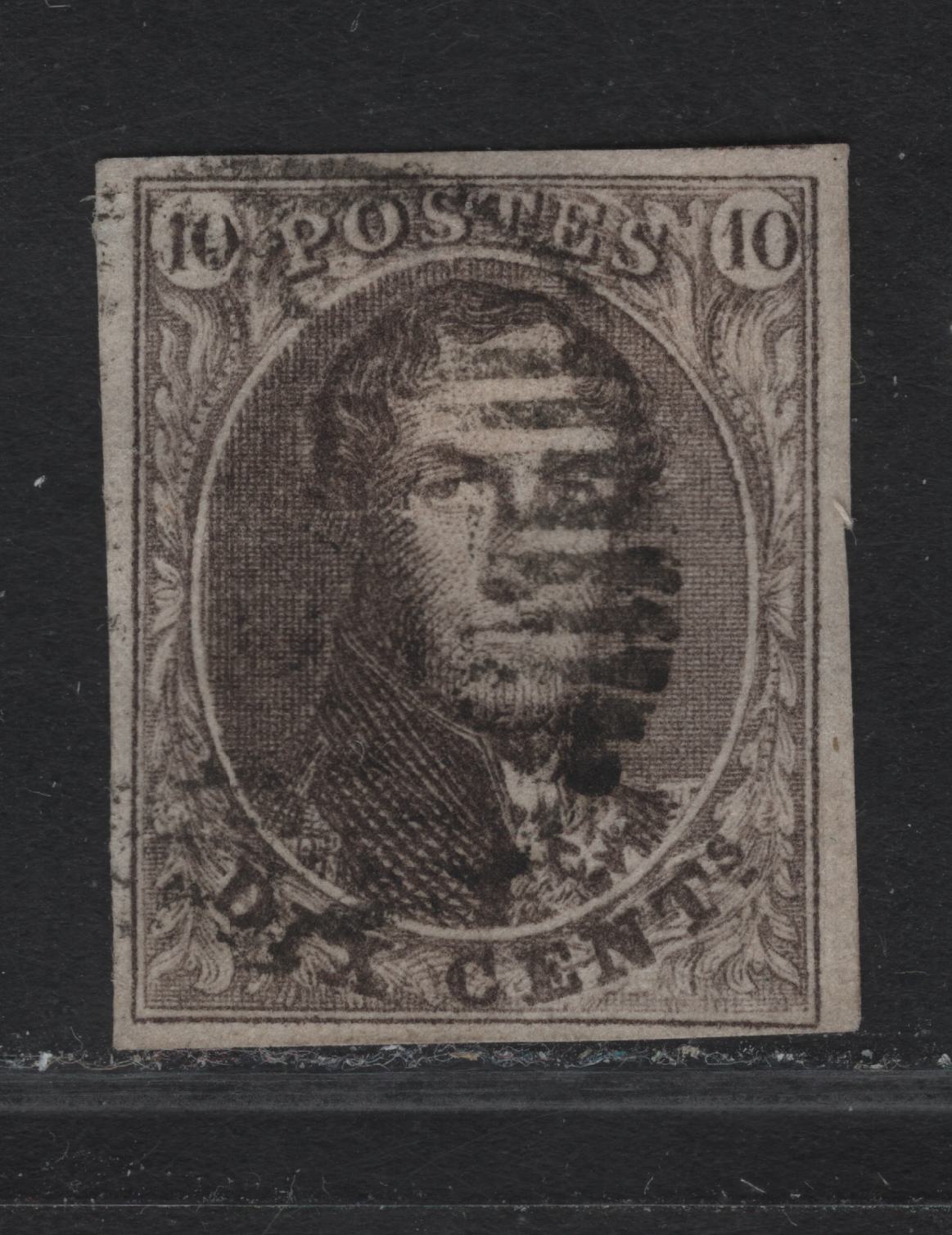 Lot 293 Belgium SC#10 10c Brown King Leopold I, 1858-1861 King Leopold I Issue, A Very Fine Used Imperf Single, Unwatermarked, 17.25mm High Oval, 4 Margins, Close At LR But Oversized On 3 Sides.