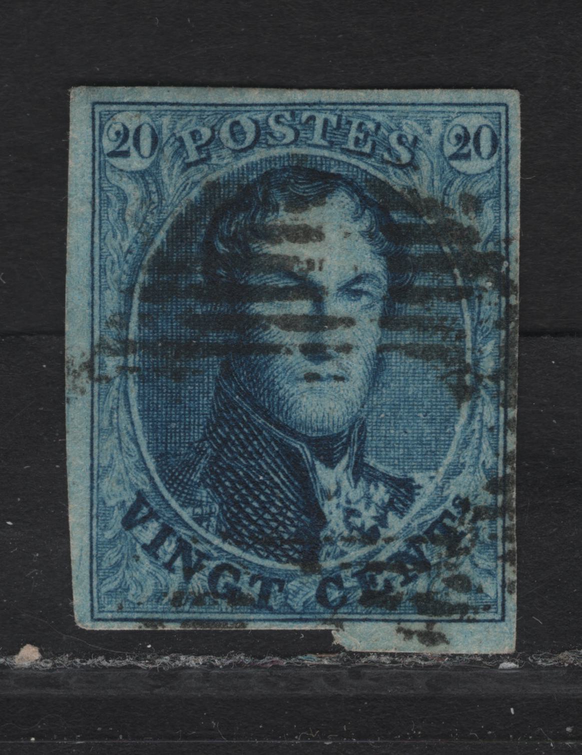 Lot 295 Belgium SC#11 20c Blue King Leopold I, 1861 King Leopold I Issue, A Very Fine Used Imperf Single, Watermarked, 17.25mm High Oval, Margins Are Oversized At Left & Half Of Bottom.