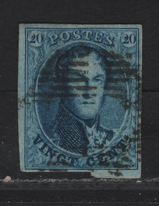 Lot 295 Belgium SC#11 20c Blue King Leopold I, 1861 King Leopold I Issue, A Very Fine Used Imperf Single, Watermarked, 17.25mm High Oval, Margins Are Oversized At Left & Half Of Bottom.