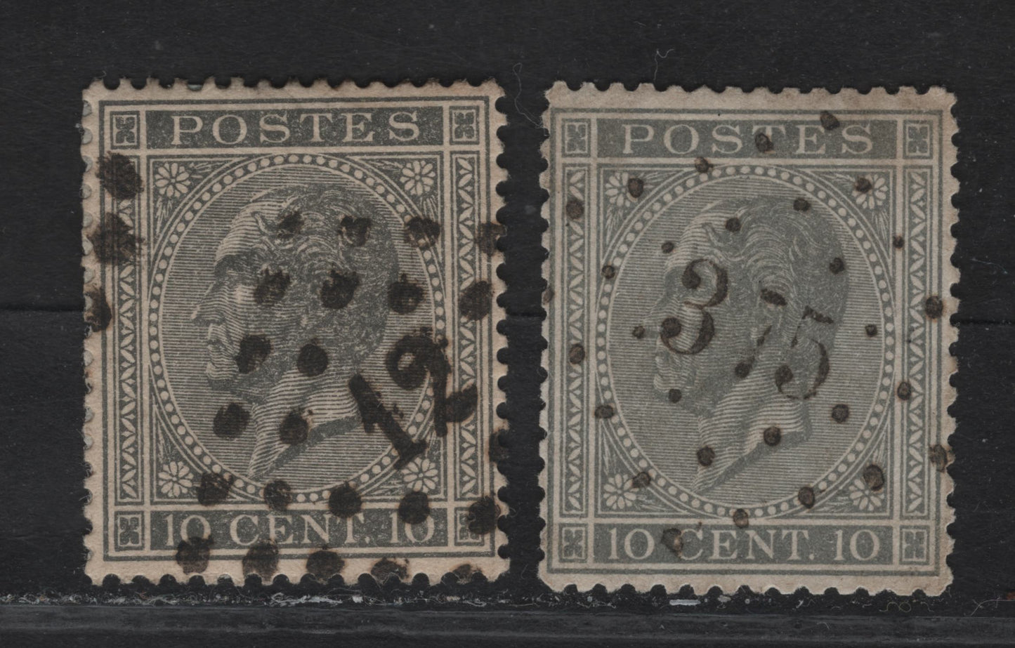 Lot 299 Belgium SC#18a 10c Slate King Leopold I, 1865-1866 King Leopold I Issue, 2 Very/Extremely Fine Used Singles, #12 & #375 Numeral Cancels, Perfs 14.5x14