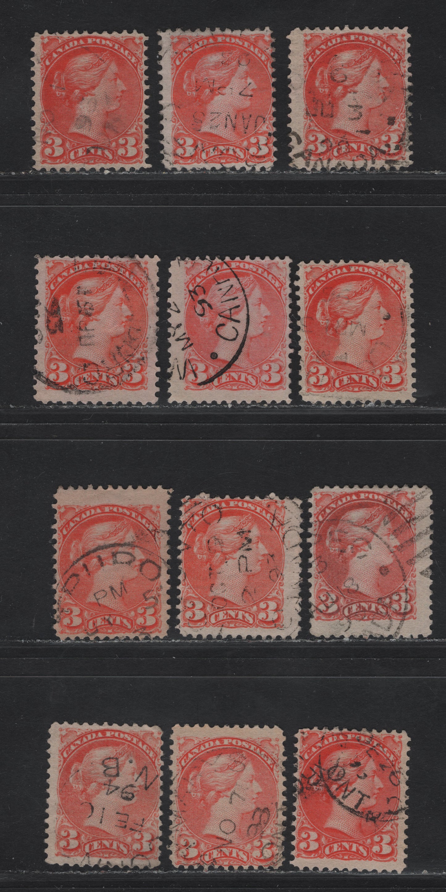 Lot 30 Canada #41 3c Pale Vermillion - Orange Vermillion Queen Victoria, 1888-1897 Small Queen Issue, 12 Fine Used Singles, Papers 2O-KK(4) & 2O-E(8), 1894 Dated Examples, Different Shades Not Included In Other Lots.