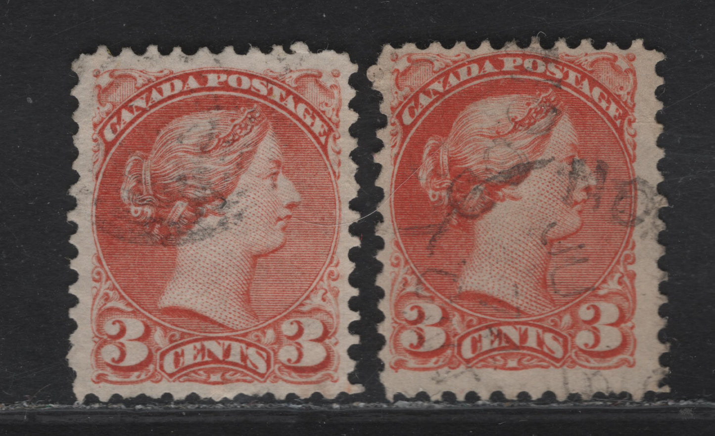 Lot 3 Canada #37ii, 37iii 3c Dull Red & Orange Red Queen Victoria, 1888-1897 Small Queen Issue, 2 Fine/Very Fine Used Singles, Mid Montreal Printings, Papers MM-E & MM-F, Perf 11.5x12.