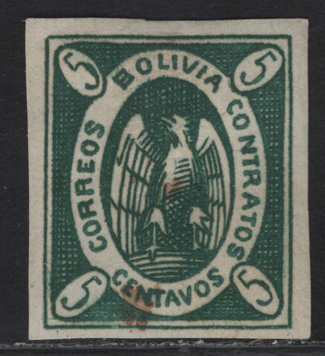 Lot 305 Bolivia SC#2b 5c Green Condor, 1867-1868 Condor Issue, A FOG Imperf Single