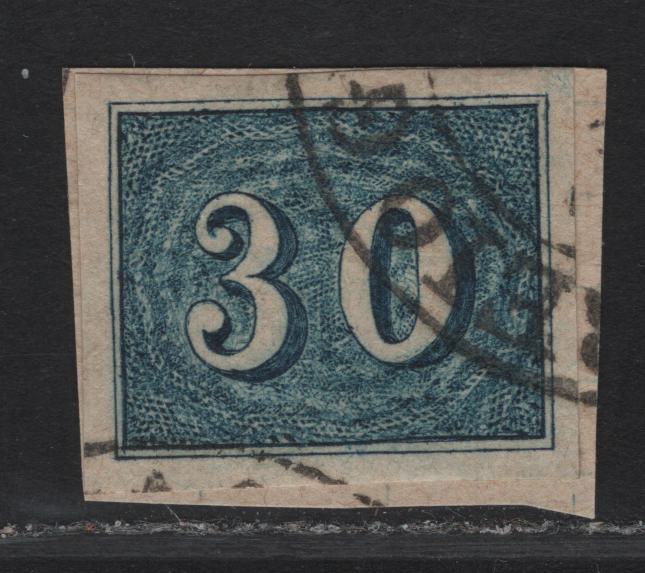 Lot 319 Brazil SC#38 30r Blue Numeral, 1854 Cats Eyes, A Very Fine Used Imperf Single, Used On Piece