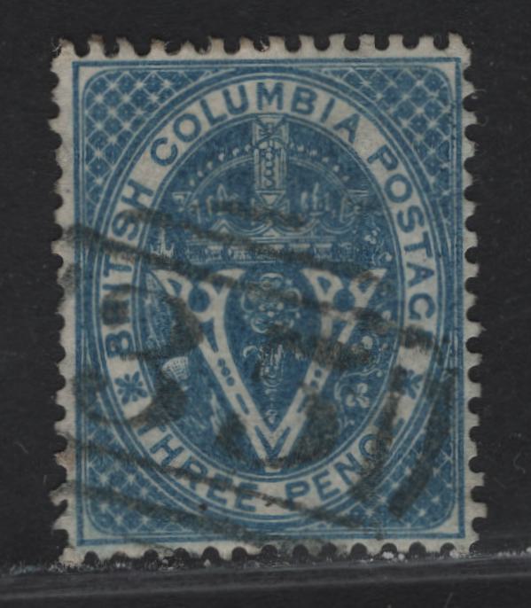Lot 323 British Columbia #7 3d Blue Seal of B.C, 1865 Seal of British Columbia Issue, A Very Fine Used Single, #35 Victoria Cancel, Perfs Are Clear On All 4 Sides