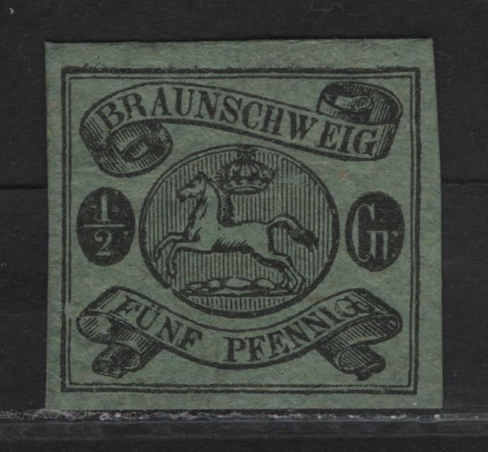 Lot 326 Brunswick SC#6 1/2gr Black on Green Leaping Saxon Horse, 1863 Leaping Saxon Horse Issue, A Very Fine Unused Single