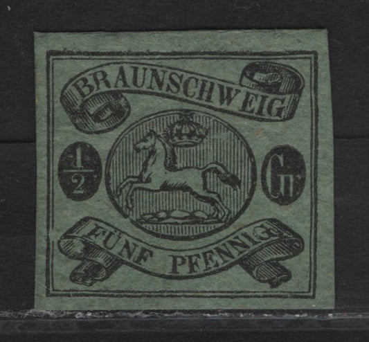 Lot 326 Brunswick SC#6 1/2gr Black on Green Leaping Saxon Horse, 1863 Leaping Saxon Horse Issue, A Very Fine Unused Single