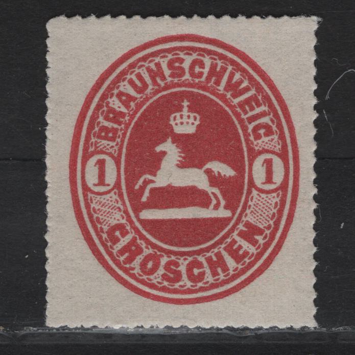 Lot 327 Brunswick SC#24 1gr Carmine Arms, 1865 Rouletted Embossed Arms Issue, A VFNH Single