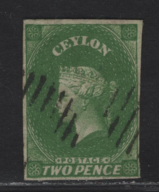 Lot 339 Ceylon SC#4a 2d Yellow Green Queen Victoria, 1857-1859 QueenVictoria Courbould Heads Issue, A Very Fine Used Imperf Single, Star Wmk