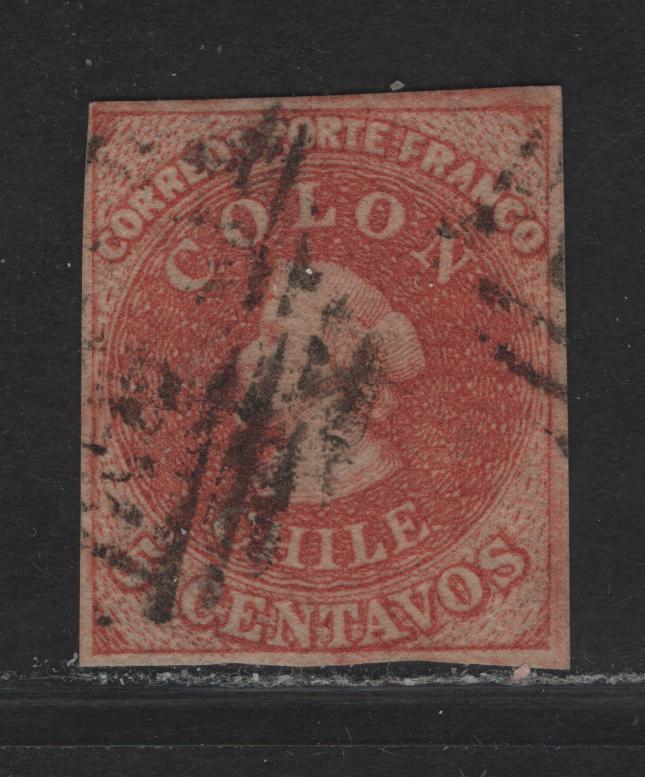 Lot 341 Chile SC#9 5c Rose Red Columbus Head, 1856-1862 Columbus Heads Issue, A Very Fine Used Single, 4 Clear Margins