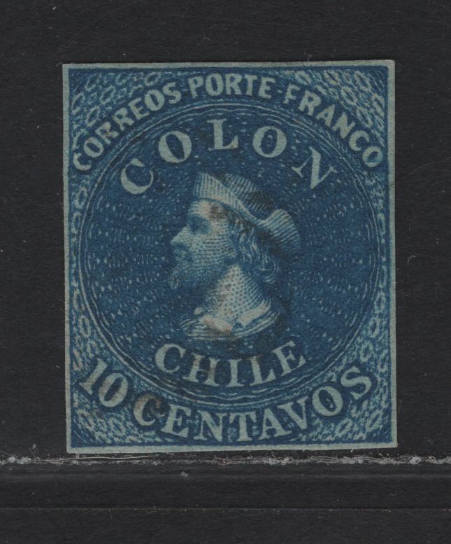 Lot 342 Chile SC#12b 10c Bright Blue Columbus Head, 1862 Columbus Heads Issue, A Very Fine Used Single, Blued Paper, London Print, 4 Clear Margins, Portion of Adjoining Stamp At Right.