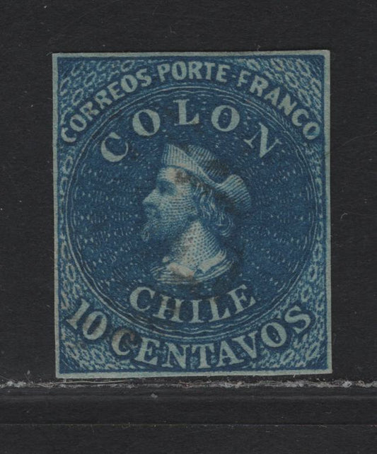 Lot 342 Chile SC#12b 10c Bright Blue Columbus Head, 1862 Columbus Heads Issue, A Very Fine Used Single, Blued Paper, London Print, 4 Clear Margins, Portion of Adjoining Stamp At Right.