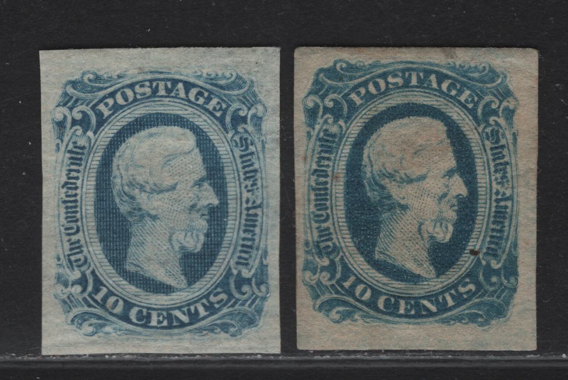 Lot 345 Confederate States Of America SC#12 10c Blue Jefferson Davis, 1863-1864 Jefferson Davis Issue, 2 VFOG & Unused Imperf Singles, Two Shades, With & Without Gum