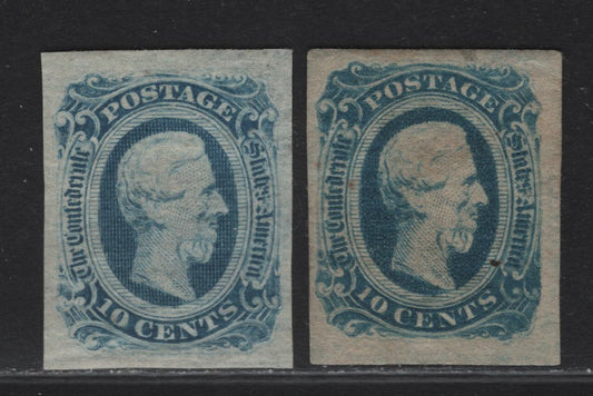 Lot 345 Confederate States Of America SC#12 10c Blue Jefferson Davis, 1863-1864 Jefferson Davis Issue, 2 VFOG & Unused Imperf Singles, Two Shades, With & Without Gum