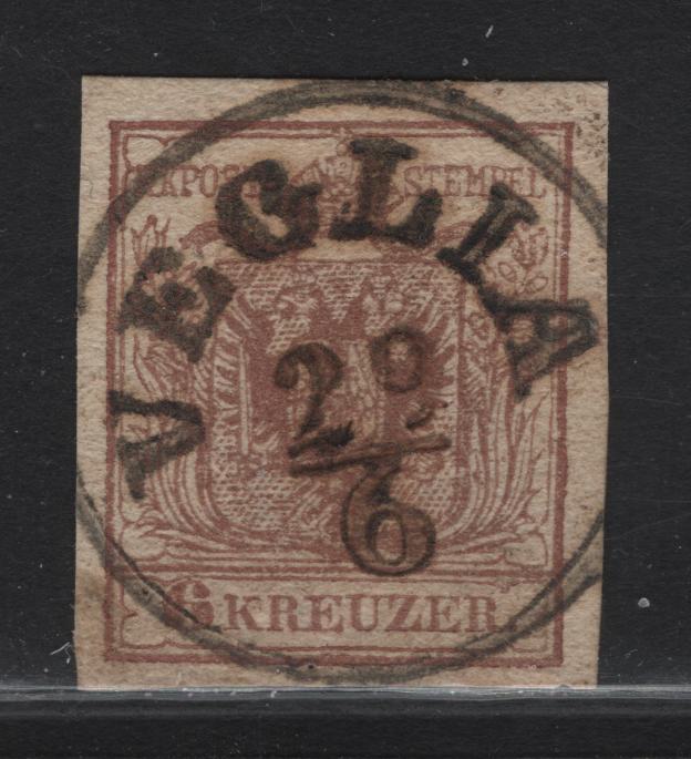 Lot 348 Croatia SC#4e (Austria) 6kr Pale Reddish Brown Arms, 1850 Arms Issue, A Very Fine Used Imperf Single, Thicker Handmade Paper Type III, SON Veglia CDS