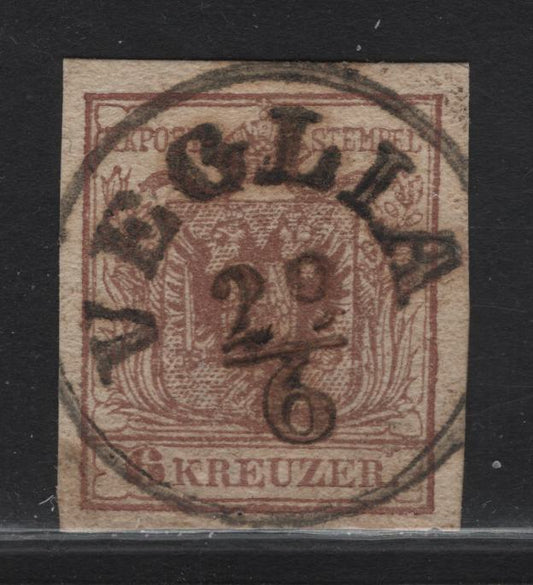 Lot 348 Croatia SC#4e (Austria) 6kr Pale Reddish Brown Arms, 1850 Arms Issue, A Very Fine Used Imperf Single, Thicker Handmade Paper Type III, SON Veglia CDS