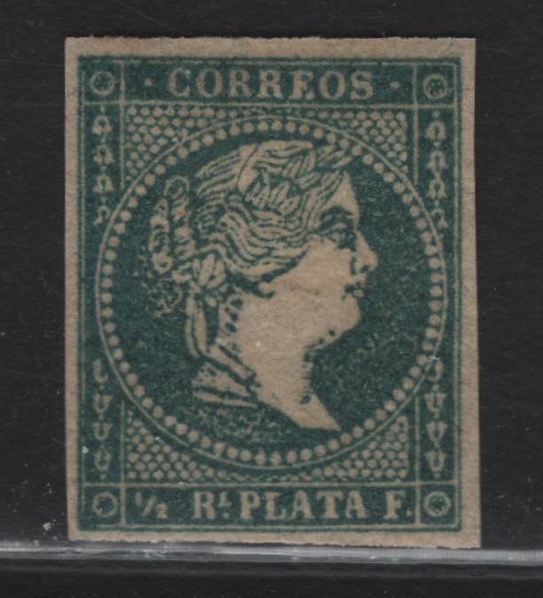 Lot 350 Cuba SC#9a 1/2r Greenish Blue on Yellowish Queen Isabella II, 1856 Queen Isabella II Issue, A VFOG Imperf Single