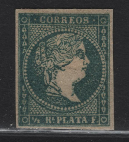Lot 350 Cuba SC#9a 1/2r Greenish Blue on Yellowish Queen Isabella II, 1856 Queen Isabella II Issue, A VFOG Imperf Single