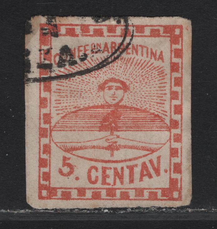 Lot 355 Argentina SC#1 3c Red Symbol of Confederation, 1858 Symbol of Confederation Issue, A Very Fine Used Imperf Single, Slight Toning
