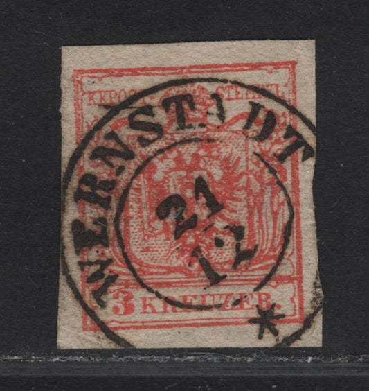 Lot 356 Czech Republic SC#3 (Austria) 3kr Reep Red Arms, 1850 Arms Issue, A Very Fine Used Imperf Single, Wernstadt Cancel, Type I