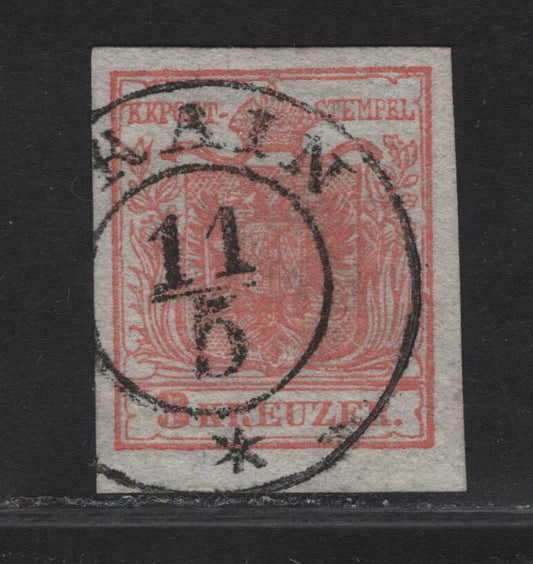 Lot 357 Czech Republic SC#3 (Austria) 3kr Pale Red Arms, 1850 Arms Issue, A Very Fine Used Imperf Single, SON Frain Postmark, Thin Paper, Type I.
