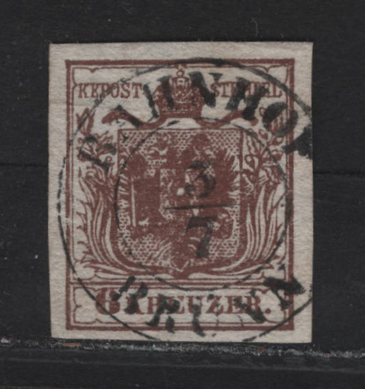 Lot 358 Czech Republic SC#4 (Austria) 6kr Reddish Brown Arms, 1850 Arms Issue, A Very Fine Used Imperf Single, Brun Bahnhof Cancel, Thick Handpade Paper Type I.