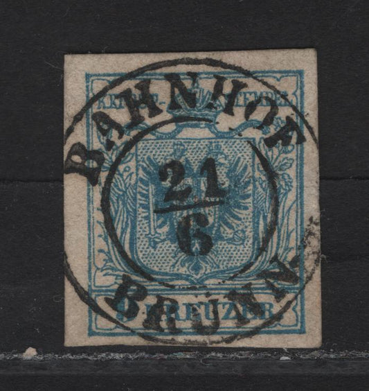 Lot 359 Czech Republic SC#5a (Austria) 9kr Pale Blue Arms, 1854 Arms Issue, A Very Fine Used Imperf Single, Bahnhoff Brunn Postmark, Type III Machine Made Paper