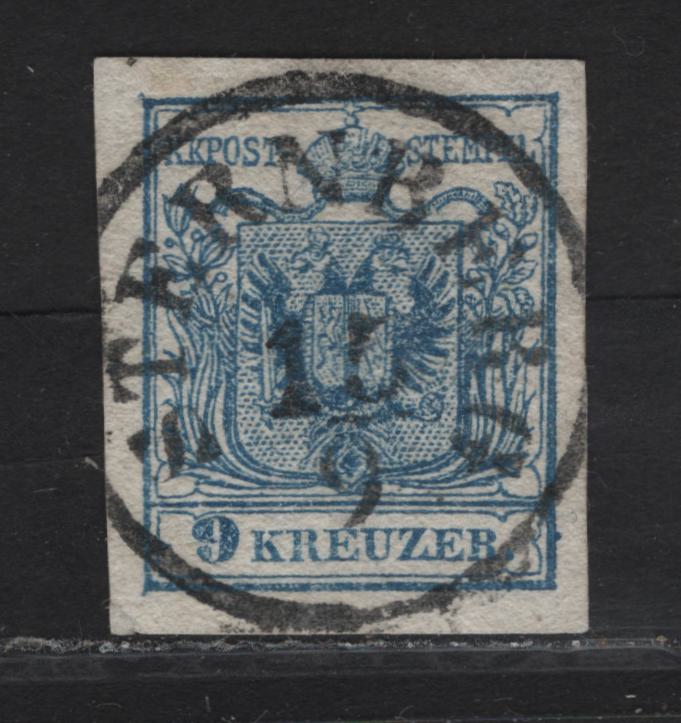 Lot 360 Czech Republic SC#5e (Austria) 9kr Pale Blue Arms, 1854 Arms Issue, A Very Fine Used Imperf Single, SON Sternberg CDS Cancel, Type III Machine Made Paper