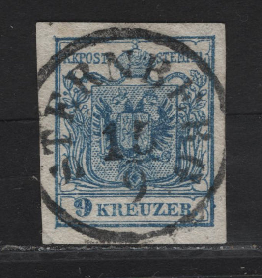 Lot 360 Czech Republic SC#5e (Austria) 9kr Pale Blue Arms, 1854 Arms Issue, A Very Fine Used Imperf Single, SON Sternberg CDS Cancel, Type III Machine Made Paper
