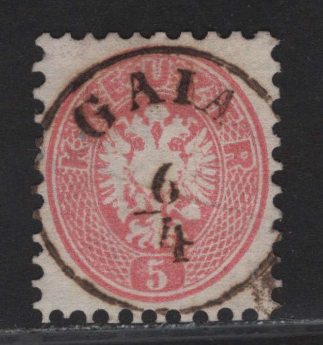 Lot 367 Czech Republic SC#24 (Austria) 5kr Rose Arms, 1863-1864 Arms Issue, A Fine Used Single, Unwatermarked, Perf 9.5, SON Gaia CDS, Small Internal Pressed Out Creases.