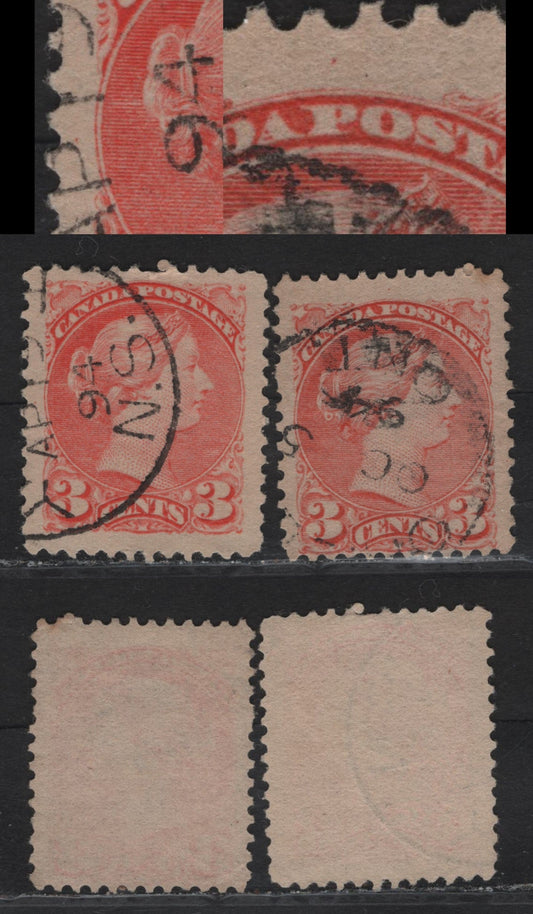 Lot 36 Canada #41 3c Vermillion - Dull Vermillion Queen Victoria, 1888-1897 Small Queen Issue, 2 Fine/Very Fine Used Singles, Mid Second Ottawa Printings, Papers 2O-GG & 2O-E, Showing Medallions At 9 & At 12 O'Clock.